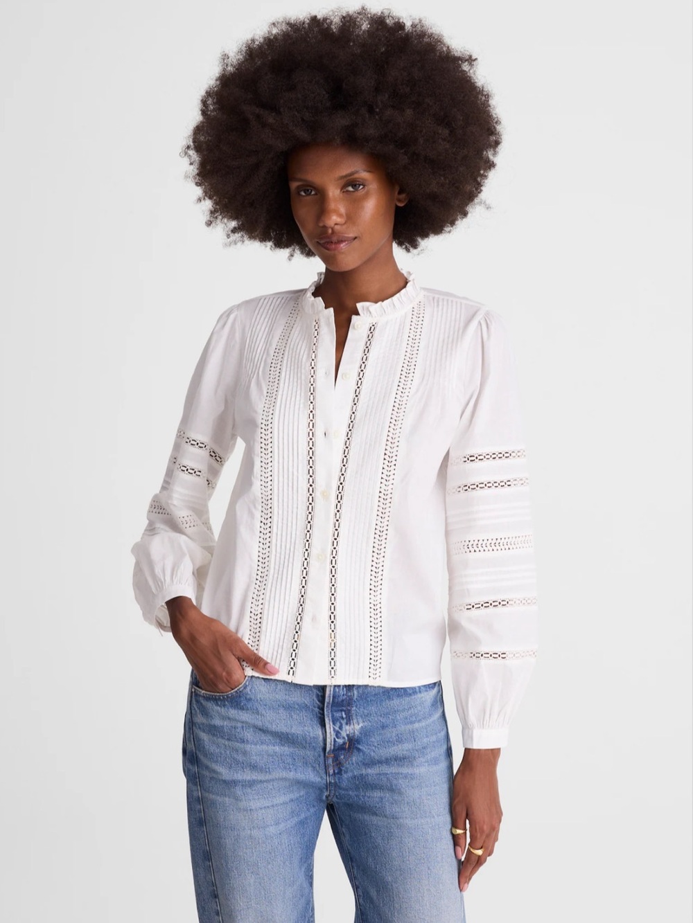 Madewell Lace-Insert High-Neck Pintuck Top White M
